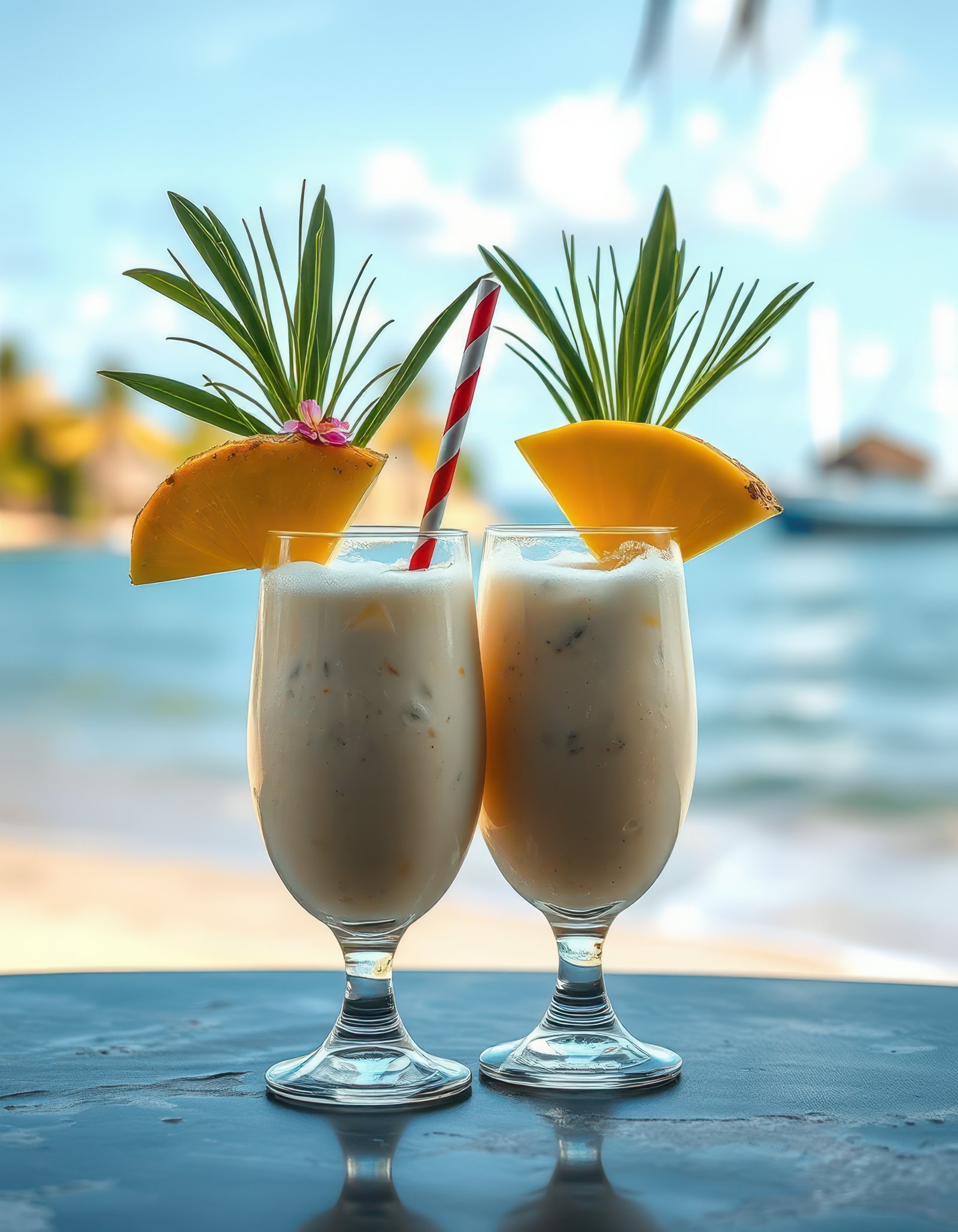 Tropical cocktails served on a sunny beach with lush greenery and a sparkling ocean backdrop
